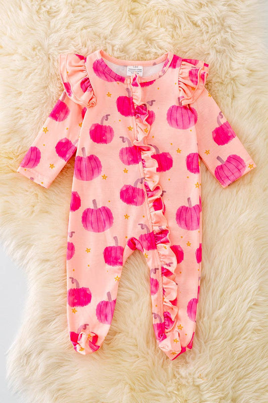 Hot pink Pumpkin printed baby onesie w/ruffle trim