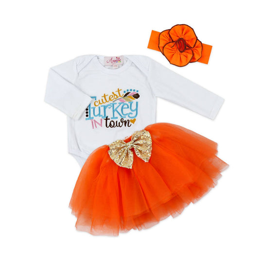 Baby Girls Cutest Turkey In Town Thanksgiving Bodysuit Tutu - 3 Piece Set