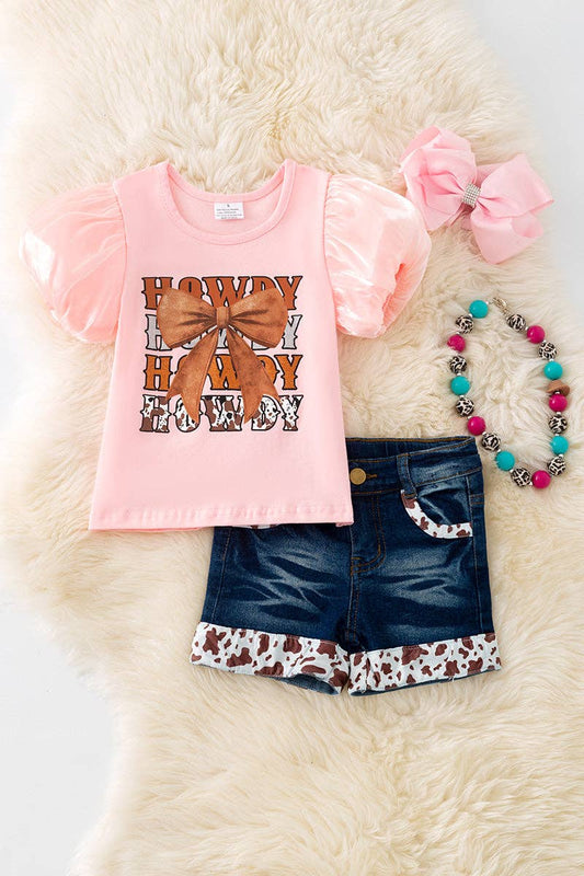 Howdy Pink tee and denim shorts -- 2 Piece Set