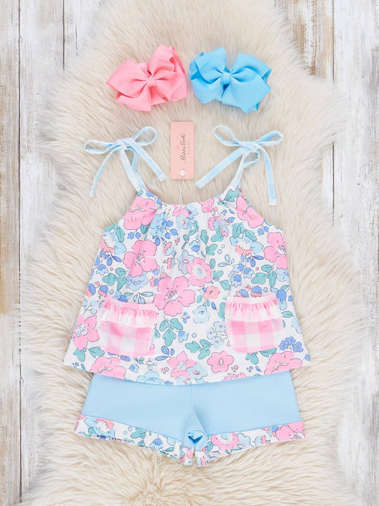 Pink & Blue Gingham Floral Bloomers Outfit - 2 Piece Set